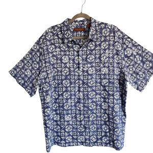 Tori Richard Shirt Men Size XL Silk Linen Hawaiian Blue White Copyright Print